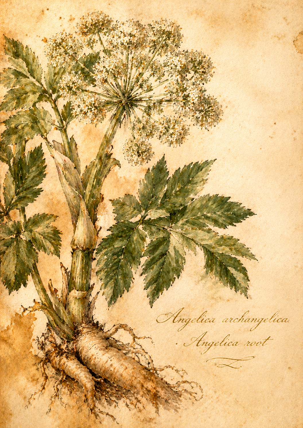 Angelica archangelica &mdash; Angelica root botanical illustration